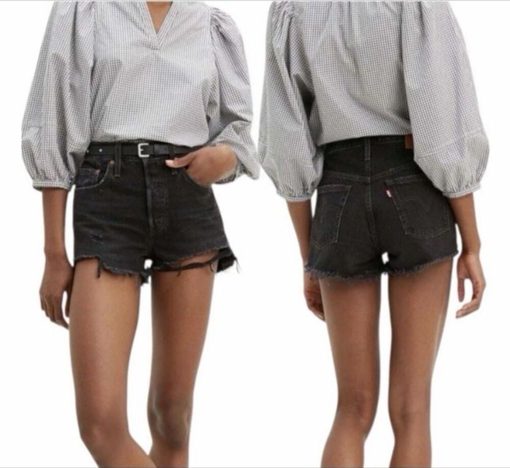Levi's Button Fly High Rise Cut Off Denim Shorts Lunar Black Size 34 *Distressed